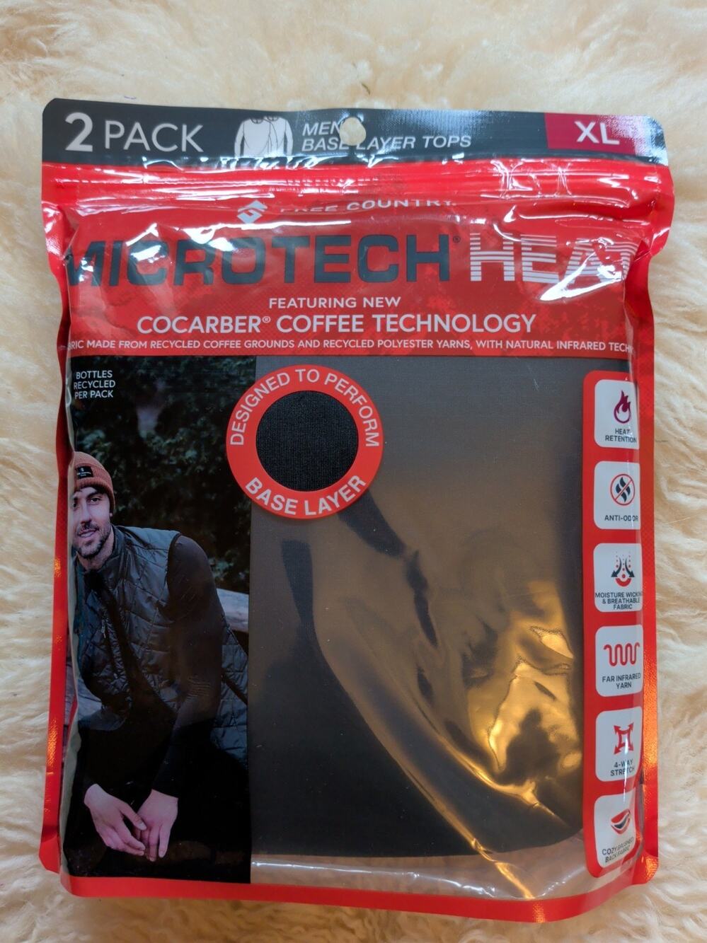 NEW Free Country Mens Microtech Heat 2 Pack Base Layer Tops Black XL H40MB4536-2